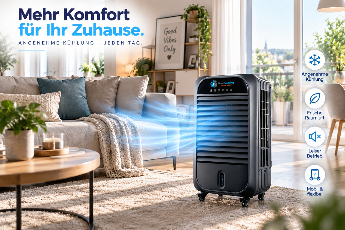 GoodCooling Verdunstungskühlgerät im Schlafzimmer für erholsamen Schlaf trotz Hitze