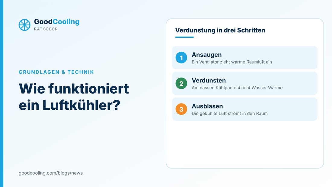 Infografik in drei Schritten: Warme Luft wird angesaugt, verdunstet am nassen Kühlpad und strömt gekühlt in den Raum