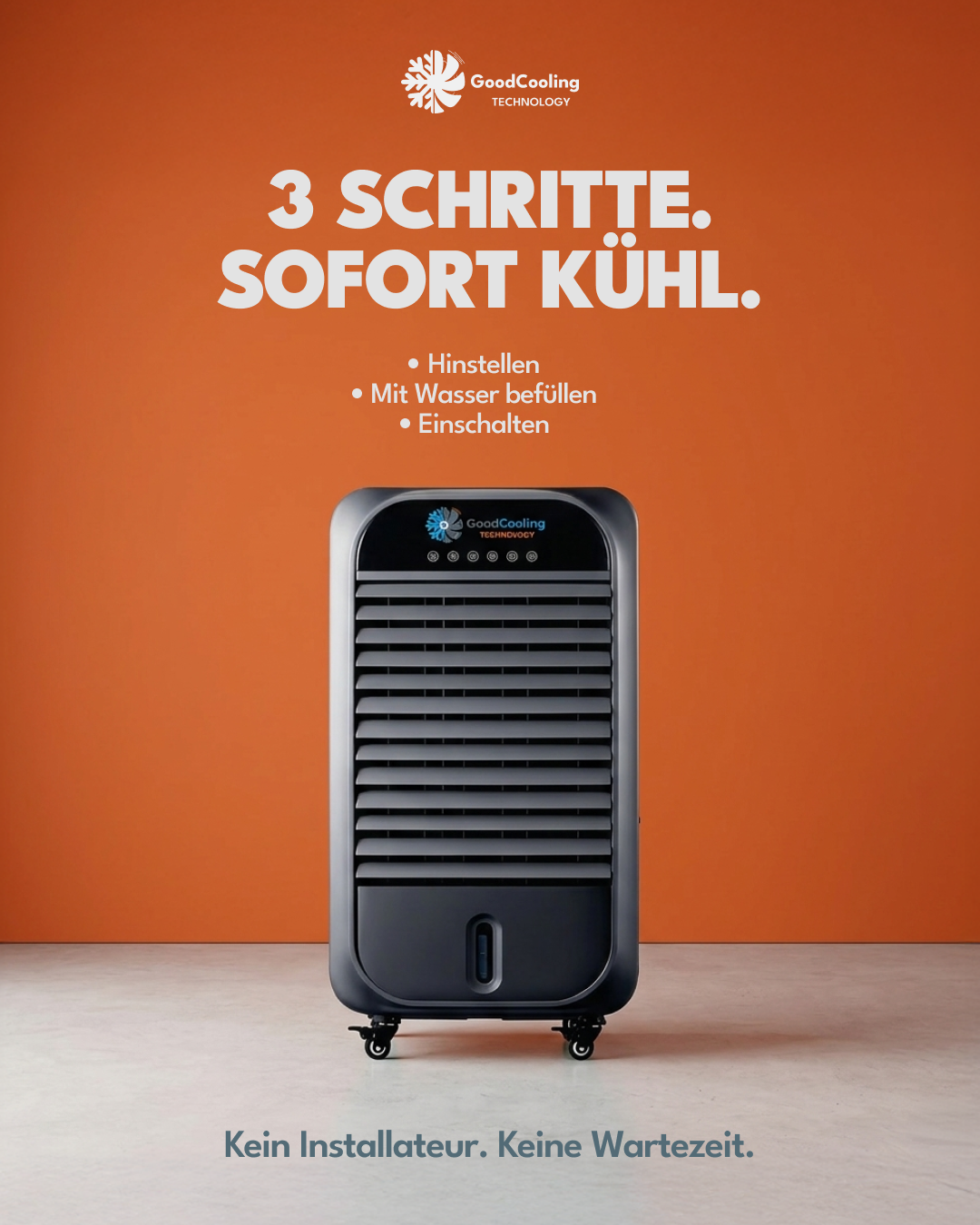 GoodCooling Luftkühler in drei Schritten einsatzbereit: hinstellen, mit Wasser befüllen, einschalten