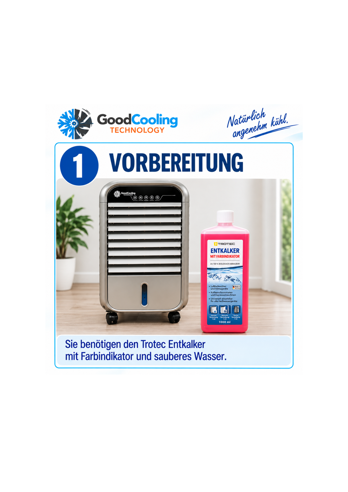 Schritt 1: Vorbereitung – Trotec Entkalker mit Farbindikator und sauberes Wasser bereitstellen